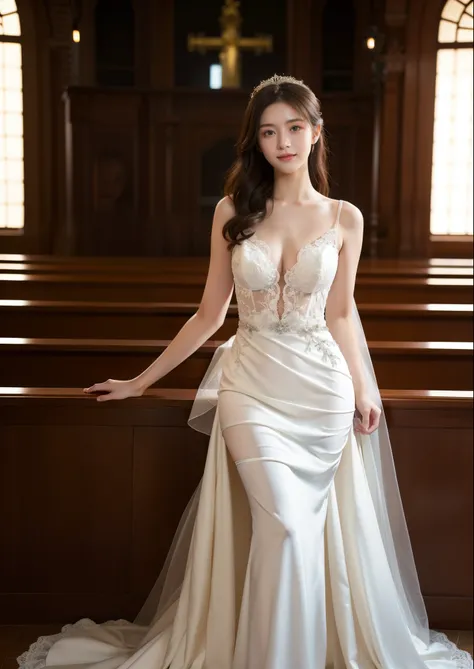 Beautiful 20 year old  woman。She is wearing a wedding dress. She is smiling on illuminated by the evening church lights . romantic sunset. her dark brown hair. High resolution、masterpiece、highest quality、頭w:1.0、((Hasselblad Photos))、fine skin、(movie lighti...