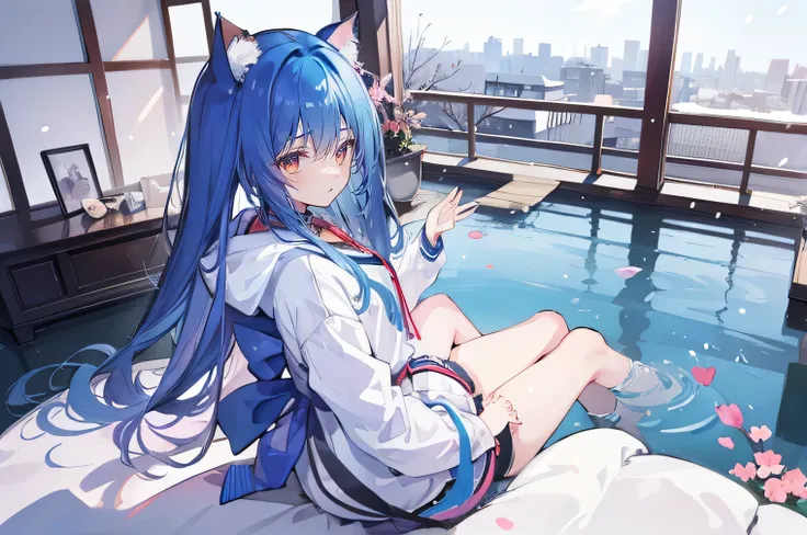 （masterpiece：1.2），Super detailed，lifelike，Expressive eyes，fair skin，perfect face shape，1 girl，
Japanese comics,Gorgeous blue hair,flowing blue hair,flowing clothes,Cat ears,Petals fall,beautiful lola,Baby Angel,
Shaking head with one hand，Cross your legs，G...