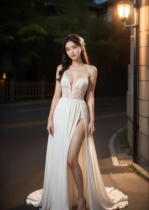 Beautiful 20 year old  woman。She is wearing a wedding dress. She is smiling on illuminated by the evening church lights . romantic sunset. her dark brown hair. High resolution、masterpiece、highest quality、頭w:1.0、((Hasselblad Photos))、fine skin、(movie lighti...