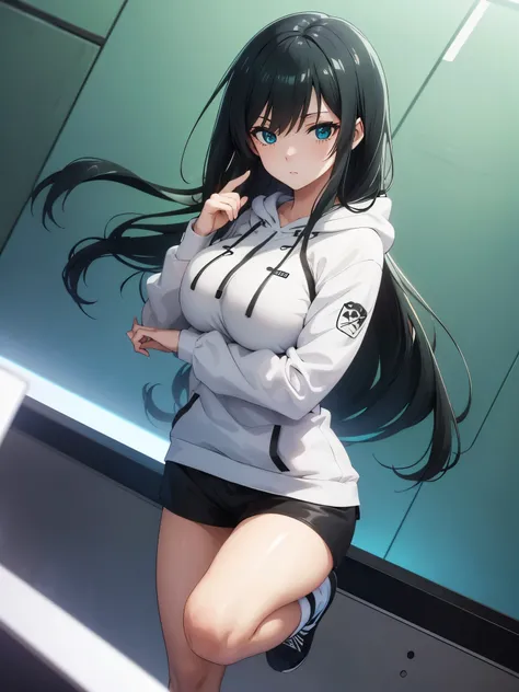 Female itoshi rin, big breast, long hair, wearing a white hoodie and black shorts