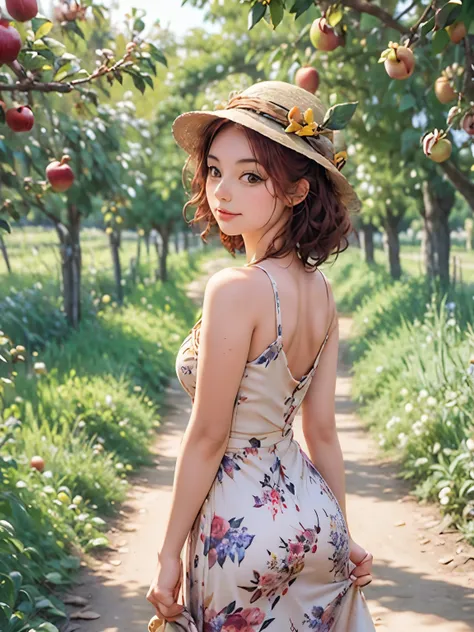 arafed woman in a floral dress and yellow hat standing in an apple orchard, standing in an apple orchard, wearing a french beret...