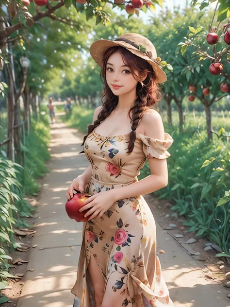 arafed woman in a floral dress and yellow hat standing in an apple orchard, standing in an apple orchard, wearing a french beret...