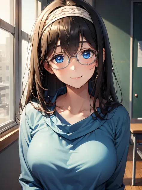 (masterpiece, best quality:1.4), 8k, Brunette Straight Hair, Hair Band, Glasses, Young adult, anime girl, Shy smile, Shy, light Blue Eyes, Big chest, School Outfit, blue sweater (detailed eyes and face, sharp pupils, realistic pupils:0.6)