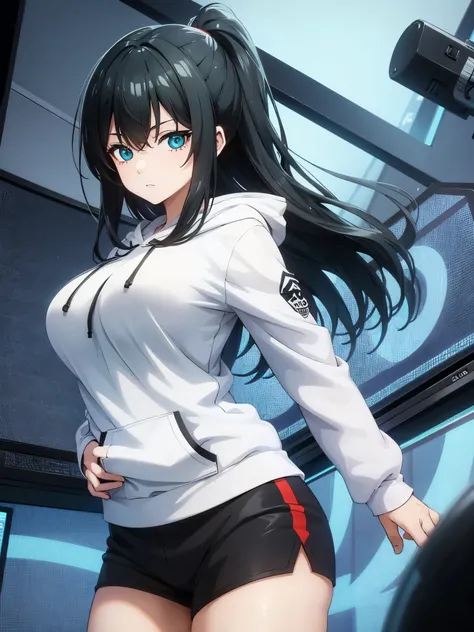 Female itoshi rin, big breast, long hair, wearing a white hoodie and black shorts