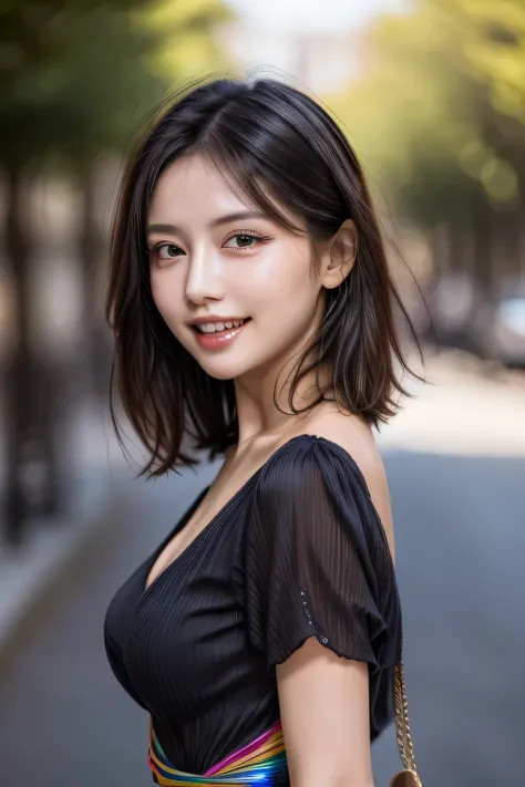(8k, RAW Photos, highest quality, masterpiece, Realistic, Realistic), (1 female), (Ultimate beauty), Highly detailed face, (Perfect Teeth), Beautiful Eyes, double eyelid, eyelash, smile, Lip details, (Neat brunette bob), The light shines on your face, Big ...
