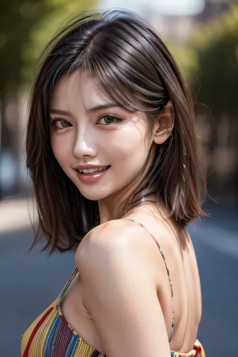 (8k, RAW Photos, highest quality, masterpiece, Realistic, Realistic), (1 female), (Ultimate beauty), Highly detailed face, (Perfect Teeth), Beautiful Eyes, double eyelid, eyelash, smile, Lip details, (Neat brunette bob), The light shines on your face, Big ...