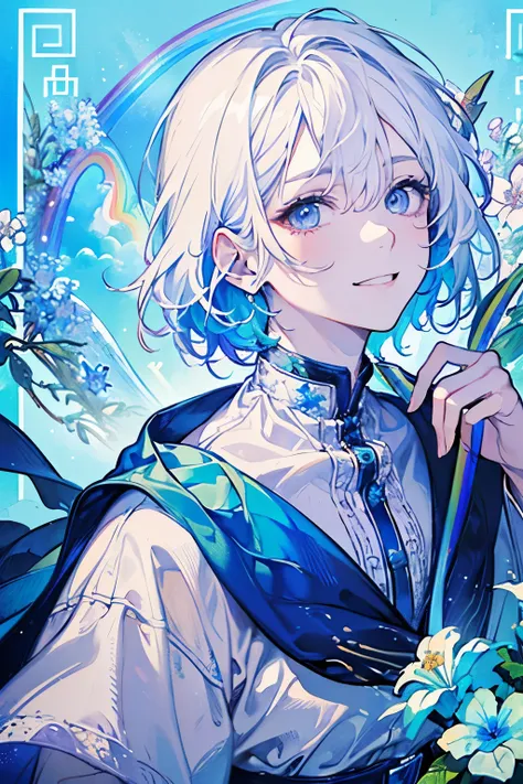 (old male:1.45)、(masterpiece、highest quality、highest quality、Beautiful and beautiful:1.2)、(Good anatomy:1.5)、Painting of a girl with milky white straight hair、Shy smile、Sparkling Eyes、looking at the camera、Emerging from among the flowers and leaves、Suzuran...