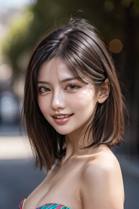 (8k, RAW Photos, highest quality, masterpiece, Realistic, Realistic), (1 female), (Ultimate beauty), Highly detailed face, (Perfect Teeth), Beautiful Eyes, double eyelid, eyelash, smile, Lip details, (Neat brunette bob), The light shines on your face, Big ...