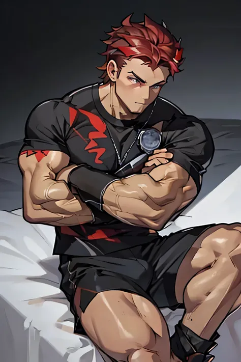 diamant is sitting in a black tshirt with short sleeves and wearing black boxershorts and is flexing his right bicep. he has man...