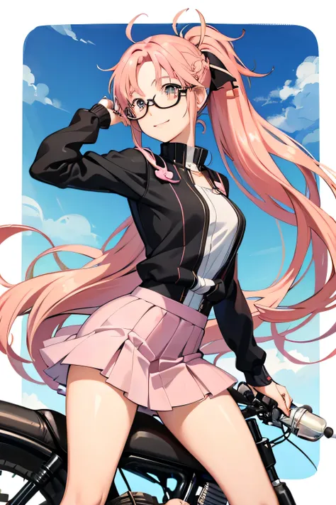 Create an adorable anime-style illustration of a teenage girl with pink hair, wearing a stylish  with a mini skirt. She has a playful ponytail and a sweet smile as she confidently straddles a motorcycle. With stylish glasses adding to her charm, she radiat...