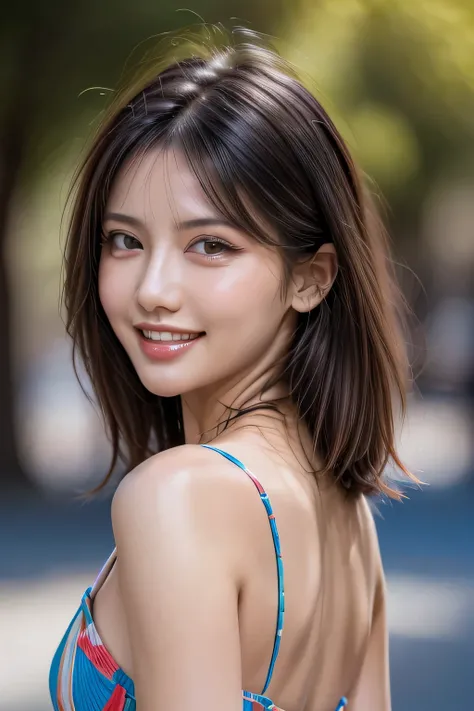 (8k, RAW Photos, highest quality, masterpiece, Realistic, Realistic), (1 female), (Ultimate beauty), Highly detailed face, (Perfect Teeth), Beautiful Eyes, double eyelid, eyelash, smile, Lip details, (Neat brunette bob), The light shines on your face, Big ...