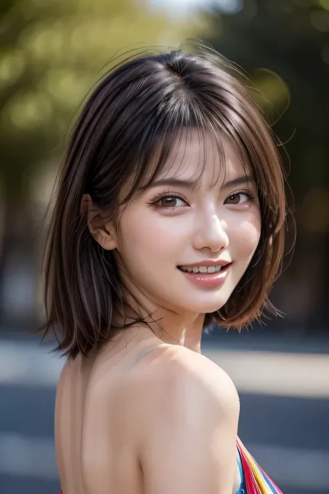 (8k, RAW Photos, highest quality, masterpiece, Realistic, Realistic), (1 female), (Ultimate beauty), Highly detailed face, (Perfect Teeth), Beautiful Eyes, double eyelid, eyelash, smile, Lip details, (Neat brunette bob), The light shines on your face, Big ...