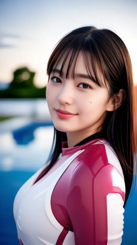 A 25 year old woman wearing a sexy dark pink and white glossy skin-tight hero suit:1.5, highest quality, High resolution, 8k, One girl, Huge breasts :1.5, Pool, (bangs,Black Hair,Medium Hair), Beautifully detailed skies, Soft lighting, Wind, Shiny skin, Vi...