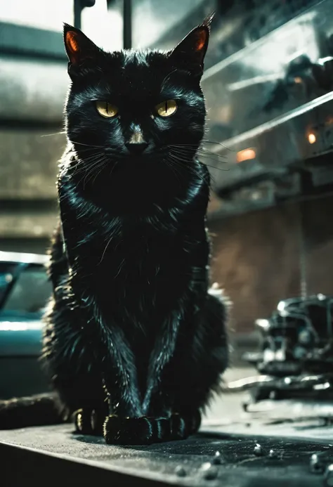 cat face、black cat、terminator、photograph fem terminator costume, 50mm . cinematic 4k spectacular detail 4k spectacular detail ph...