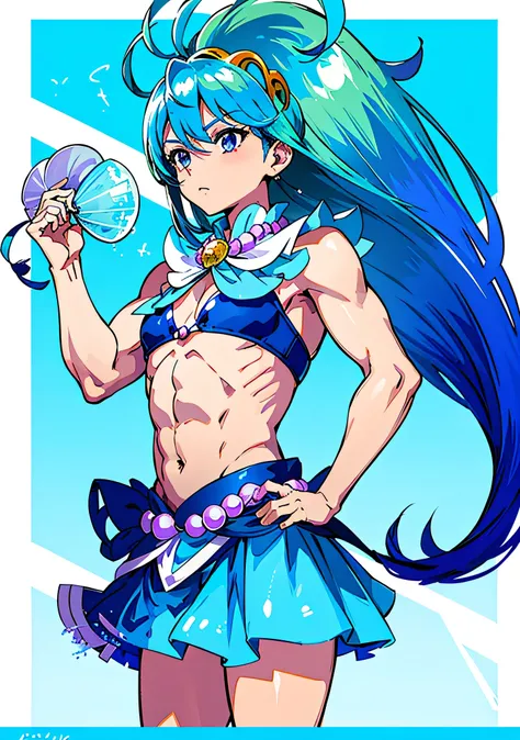 Cartoon image of a man wearing a Blue Bikini top and necklace、solo、Official artwork、Aquamarine、sapphire、Blue Bikini、Official Art、Wallpaper anime blue water、He has pale blue hair!!!、Long Hair、Water Fairy、A man with two-tone light blue and purple hair、Blue a...