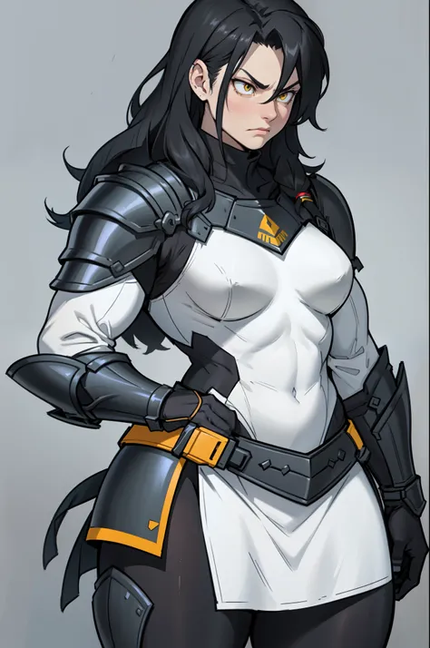 grey background (((muscular))), (thick thighs, small breasts, toned body, 1 girl), black hair, pale skin, yellow eyes, angry, very long hair armor armor armor armor armor armor armor armor armor armor armor armor armor armor armor armor armor armor armor a...