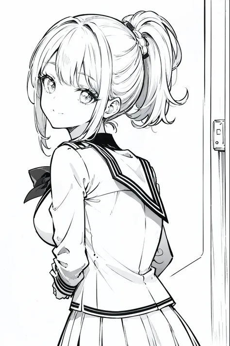 Black and white line art style，High ponytail on the left，Back Angle，Turn back，smile、uniform、high school girl,solo、one person、(Simple Background)