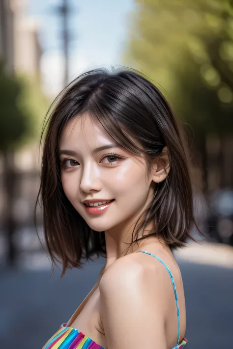 (8k, RAW Photos, highest quality, masterpiece, Realistic, Realistic), (1 female), (Ultimate beauty), Highly detailed face, (Perfect Teeth), Beautiful Eyes, double eyelid, eyelash, smile, Lip details, (Neat brunette bob), The light shines on your face, Big ...