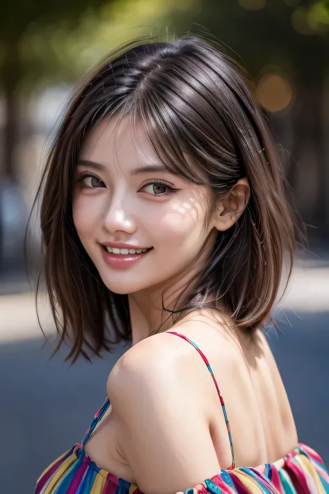 (8k, RAW Photos, highest quality, masterpiece, Realistic, Realistic), (1 female), (Ultimate beauty), Highly detailed face, (Perfect Teeth), Beautiful Eyes, double eyelid, eyelash, smile, Lip details, (Neat brunette bob), The light shines on your face, Big ...