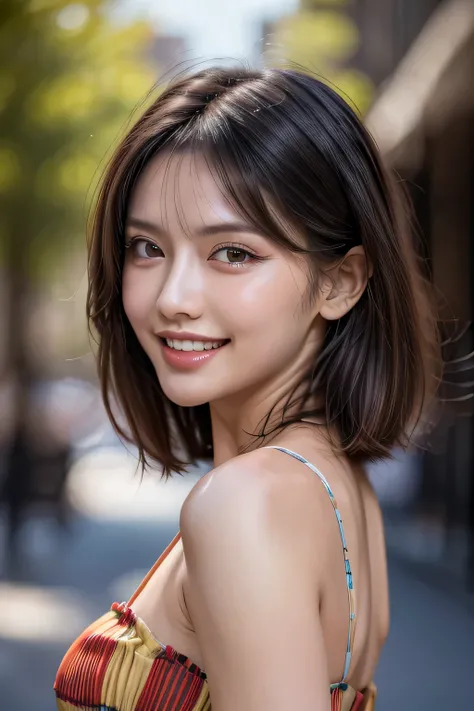 (8k, RAW Photos, highest quality, masterpiece, Realistic, Realistic), (1 female), (Ultimate beauty), Highly detailed face, (Perfect Teeth), Beautiful Eyes, double eyelid, eyelash, smile, Lip details, (Neat brunette bob), The light shines on your face, Big ...