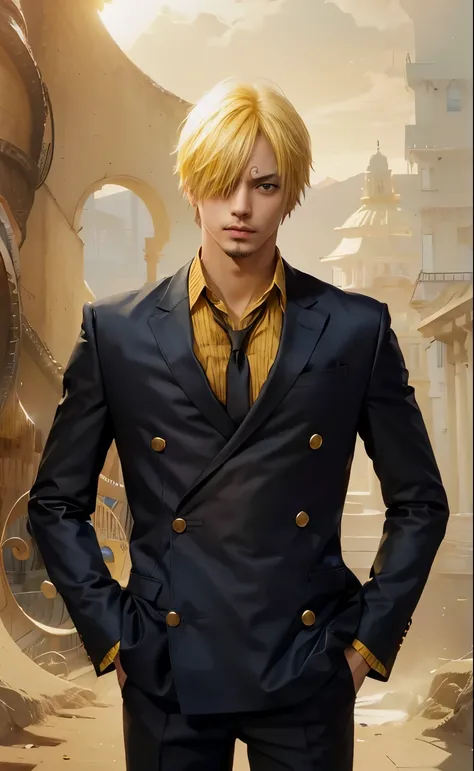 1 person, Sanji from the anime One Piece, short hair , Yellow Hair, Iris, good looking, Black clothes, Realistic clothes, Clothing Details, City National Monument, Super detailed, Realistic