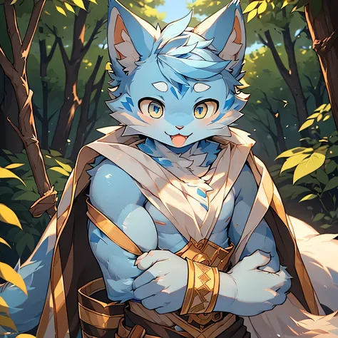 The only person，(Male cats:1.5), (blue skin:1.3), hairy，(Light blue fur:1.3),((Golden pupils)) ,(White ears),(hairy animal ears)，Covered with hair，Wear adventurers clothes，Seductive posture，Behind it is the forest，Delicate face，Delicate eyes，Perfect sunshi...