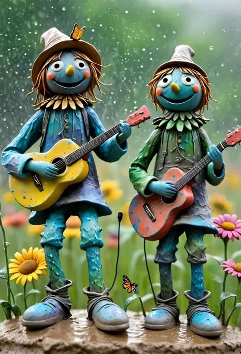 (best quality:1.2),ultra-light Clay, Clay, Pottery,  distressed, dirty, mineral pigments, 3D Clay sculpture art, Clay sculpture, Rough surface, (artwork，A band of tall scarecrows singing in the fields。Holding the microphone，Guitar，Long legs，Interesting con...