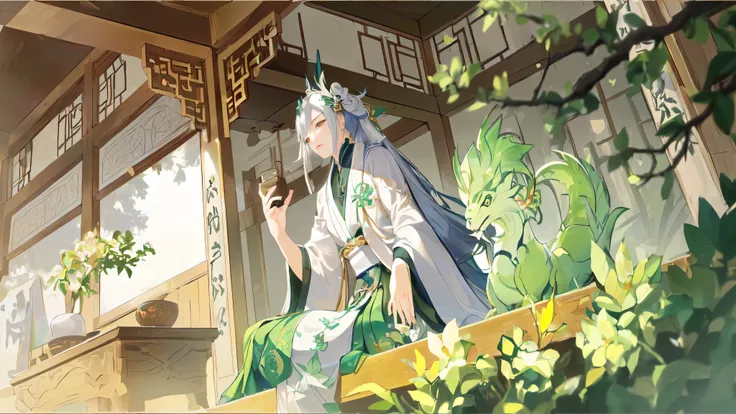 A woman sitting on a balcony with a dragon beside her, detailed art in anime style. Inspired by the works of Huang Shen, Keqing from Genshin Impact, Heise Jinyao, and Shitaos portraits in the game "Yin Yang Shi" (Onmyoji). (best quality, 4k, 8k, highres, m...