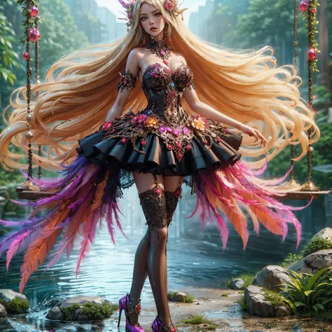 An asian woman with loose hair, gigantic breast, standing on the stairs in the middle of a magical atmosphere, with a predominantly blue and red costume, a strapless armored corset-style dress decorated with bright purple jewels, a short tutu skirt, black ...