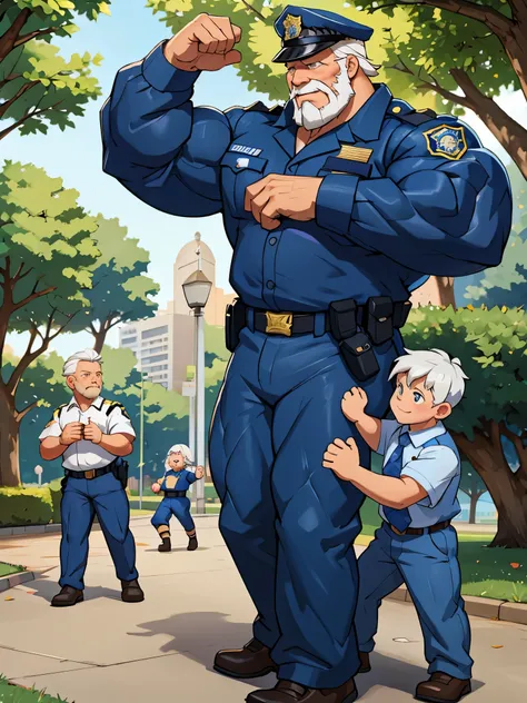 huge muscular old police, old man, white hair, playing with children in park