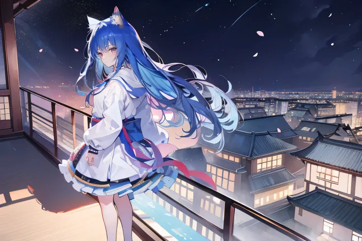 （masterpiece：1.2），Super detailed，lifelike，Expressive eyes，fair skin，perfect face shape，1 girl，
Japanese comics,Gorgeous blue hair,flowing blue hair,flowing clothes,Cat ears,Petals fall,beautiful lola,Baby Angel,
Cross your legs，Gentle and peaceful backgrou...