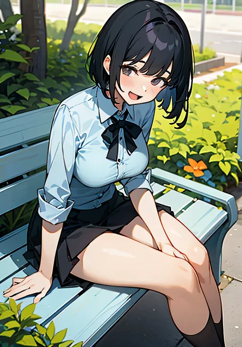 {best quality},garden、Female college student、Short black hair、bangs、Large beautiful breasts、dress shirt、short-skirt、an apologetic smile、open-mouth、Sitting on a bench、cowboy shot、High angle