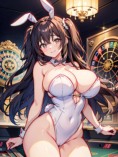 Anime illustration、highest quality、cyber punk、Voluptuous gravure idol、Perfect proportions、Dark-skinned Bunny Girl、Bunny ears、Luxury Casino、chandelier、Slot Machines、Giant roulette wheel、smile、Big Breasts、Thick legs、Cowboy Shot