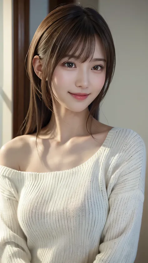 1 Japanese girl,(White sweater:1.4), (RAW Photos, highest quality), (Realistic, Realistic:1.4), Tabletop, Very delicate and beautiful, Very detailed, 8k wallpaper, wonderful, In detail, Very detailedなCG Unity, High resolution, Soft Light, Beautiful details...