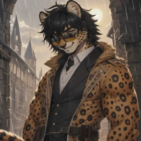 Cheetah, antro, male, solo, non-human, medieval suit, Rain, younger, 20 years old, taller, messy hair, cheetah face, slim body, cheetah tail, sun glasses, black hair, little smile, furry