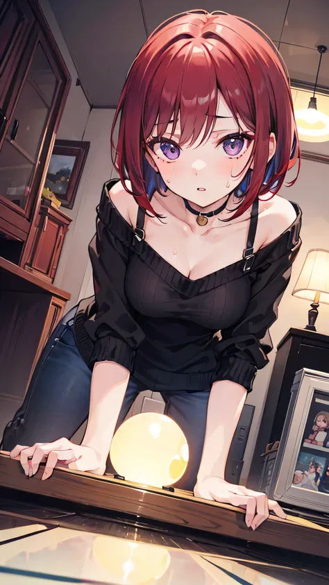 1girl, solo, short_hair, looking_at_viewer, indoors, dark_red_hair, lamp, parted_lips, all_fours, wide-eyed, sweatdrop, purple_eyes, black_long_sweater, television, fisheye