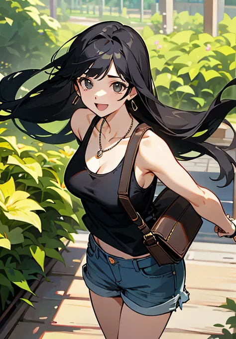 {best quality},garden、22-year-old female、Long Black Hair、bangs、Large beautiful breasts、tank top、shorts、sandals、necklace、shoulder bag、A fearless smile、open-mouth、standing、cowboy shot、High angle