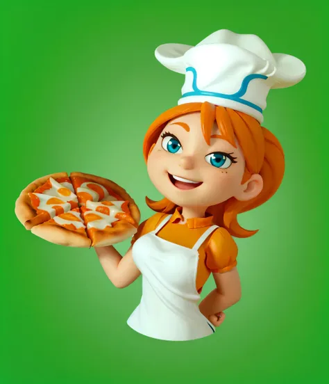 bra-prima,3d, alta qualidade, 1,mulher sorrindo, batom rosa, grandes olhos, loira, Chef hat, camisa laranja, usando avental branco, segurando pizza, estilo disney pixar