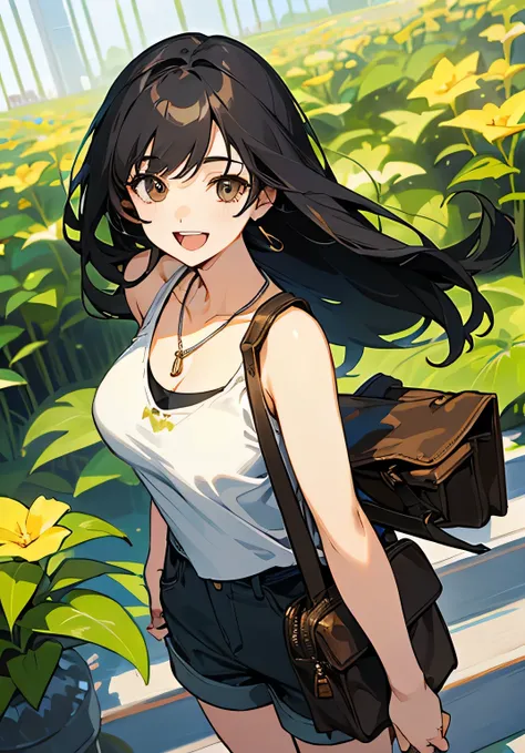 {best quality},garden、22-year-old female、Long Black Hair、bangs、Large beautiful breasts、tank top、shorts、sandals、necklace、shoulder bag、A fearless smile、open-mouth、standing、cowboy shot、High angle