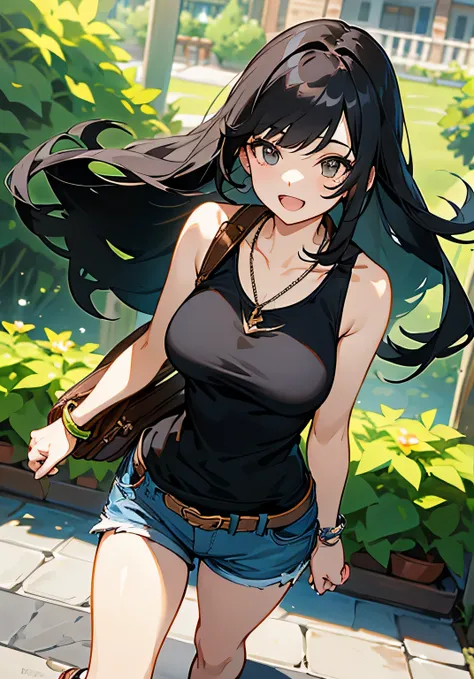 {best quality},garden、22-year-old female、Long Black Hair、bangs、Large beautiful breasts、tank top、shorts、sandals、necklace、shoulder bag、A fearless smile、open-mouth、standing、cowboy shot、High angle