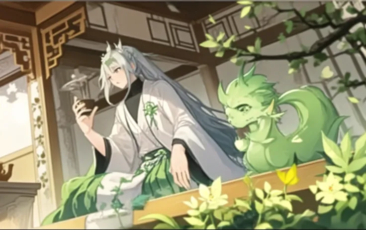 (best quality:1.2),anime style,a girl with long white hair in a white ponytail holding a teacup,a woman in a white and green robe,accompanied by a green dragon.