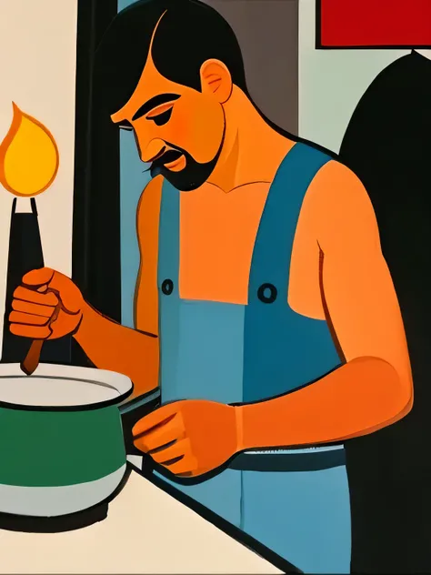 Produce a painting of a man cooking in the style of Pablo Picasso.