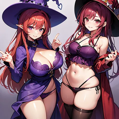 A red haired witch wearing a big purple hat with a purple dress and green underwear