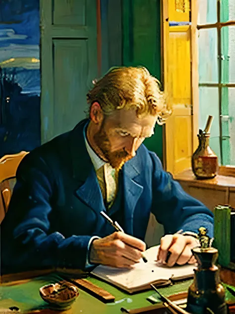 Produce a painting of a man writing a letter in the style of Vincent Willem van Gogh.