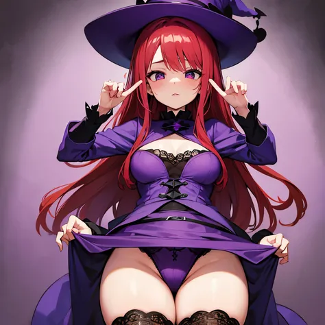 A red haired witch wearing a big purple hat with a purple dress and green underwear