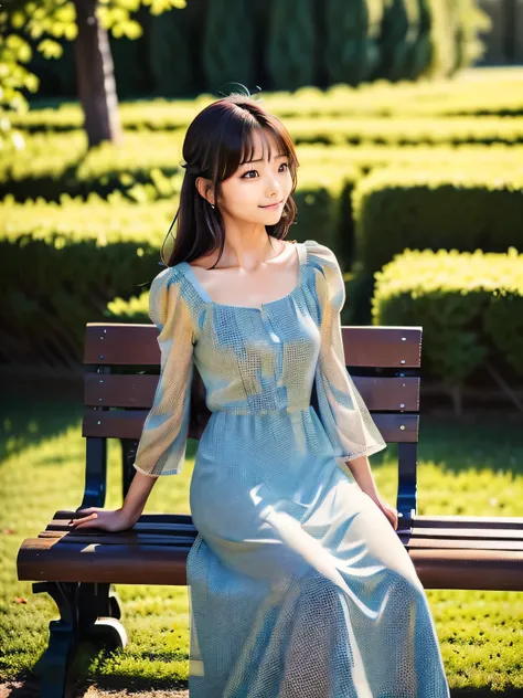 (This is a realistic photo of a woman wearing a long dress sitting on a park bench. This scene has the characteristic grain of vintage film photography. Rendered with rough textures, soft focus, and slightly faded colors, the image captures a moment of sol...