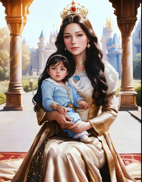 there is a woman and a  sitting on a bench, portrait painting of a princess, princess portrait, disney photo realistic, photorealistic disney, royal portrait painting, painting of beautiful, masterpiece! portrait of arwen, in a oil painting style, adorable...