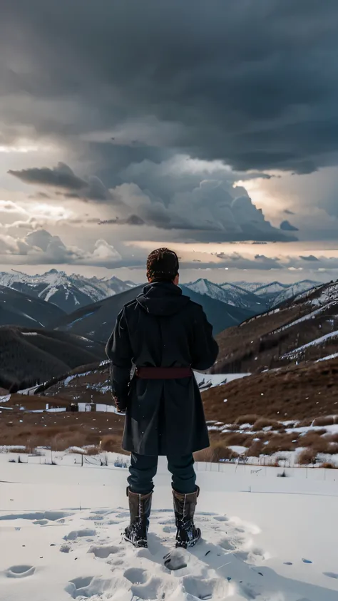 Un rey hombre realista, envuelto en un abrigo, standing on top of a snowy mountain under a cloudy, threatening sky, vista desde la distancia, real, 4k