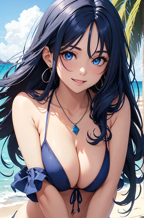 beautiful girl,Long dark blue hair ,blue eyes,Navy Blue Bikini、Big cleavage、(Big Breasts)、smile、blue necklace、Blue Earrings、background(Beach)、Sexy pose、Please open your mouth wide、