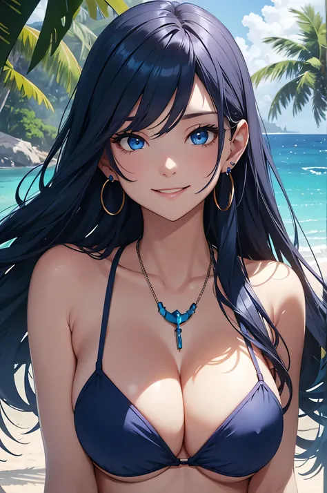 beautiful girl,Long dark blue hair ,blue eyes,Navy Blue Bikini、Big cleavage、(Big Breasts)、smile、blue necklace、Blue Earrings、background(Beach)、Sexy pose、Please open your mouth wide、